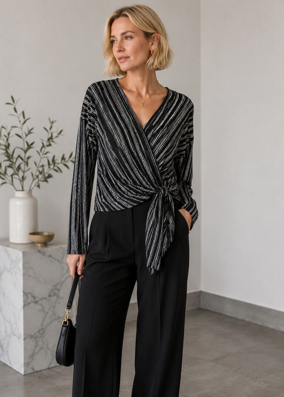 ASTR The Label Black White Striped Wrap Top XL Side Tie Surplice Long Sleeve